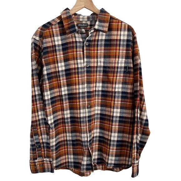 Eddie‎ Bauer Plaid Button Up Flannel Long Sleeve Top Rust Navy Blue Extra Large - Picture 1 of 7